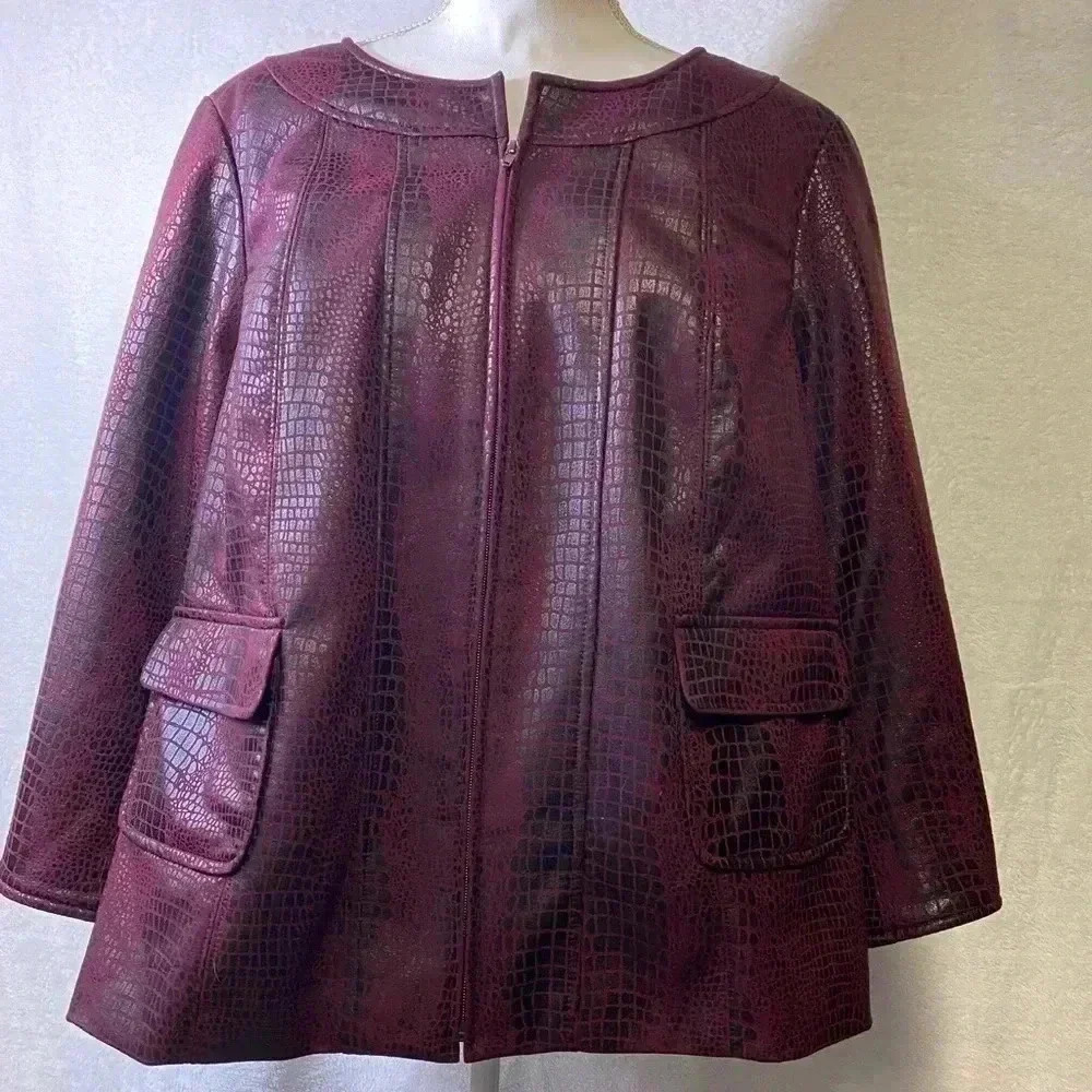 Susan Graver Style Zipper Jacket Women's Maroon Faux Alligator Print 1X